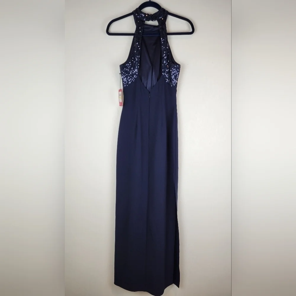 NWT Vince Camuto Sequined Embellished Halter Column Gown in Navy Size 4 - Picture 11 of 12